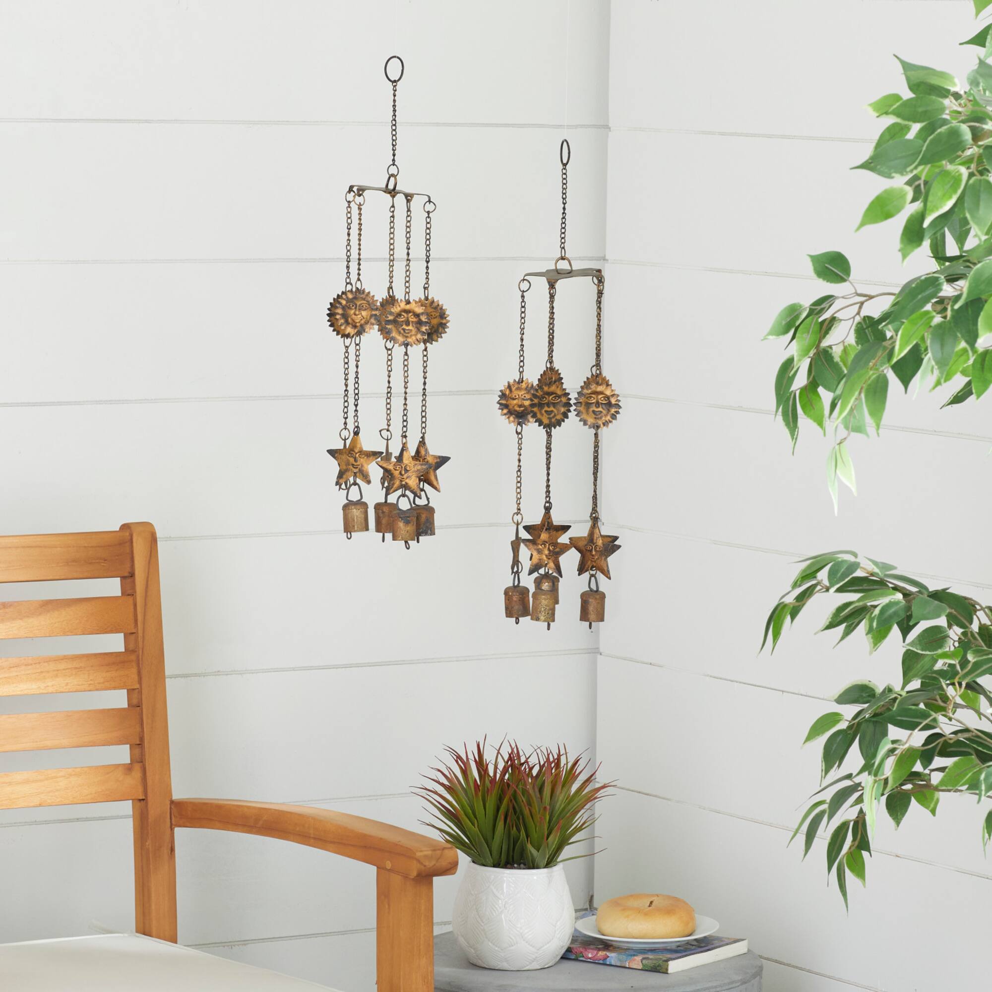 18" Brass Metal Eclectic Sun & Stars Wind Chime